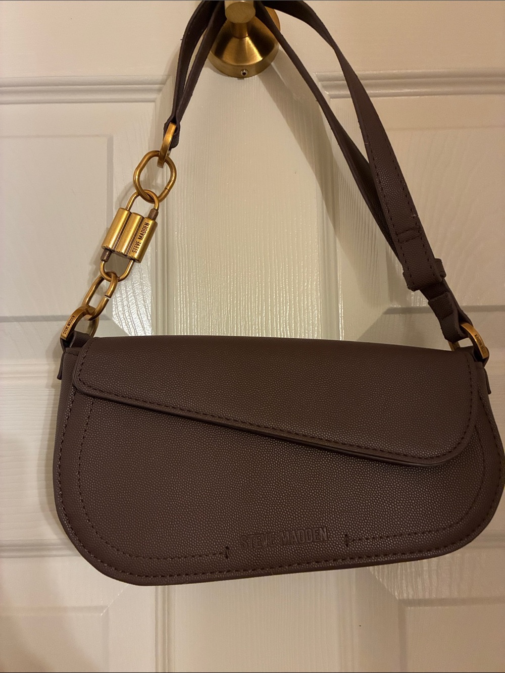 Steve Madden Chocolate Brown Leatherette Saddle Bag with Gold Hardware